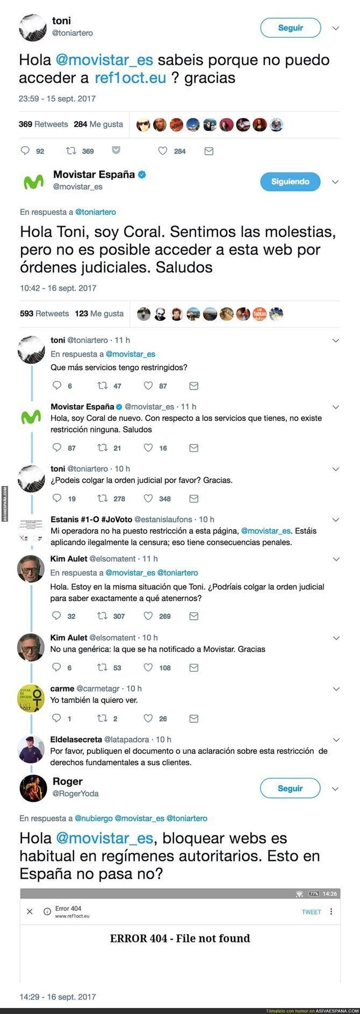 Movistar España bloquea el acceso a la web del Referéndum y así responde a los clientes