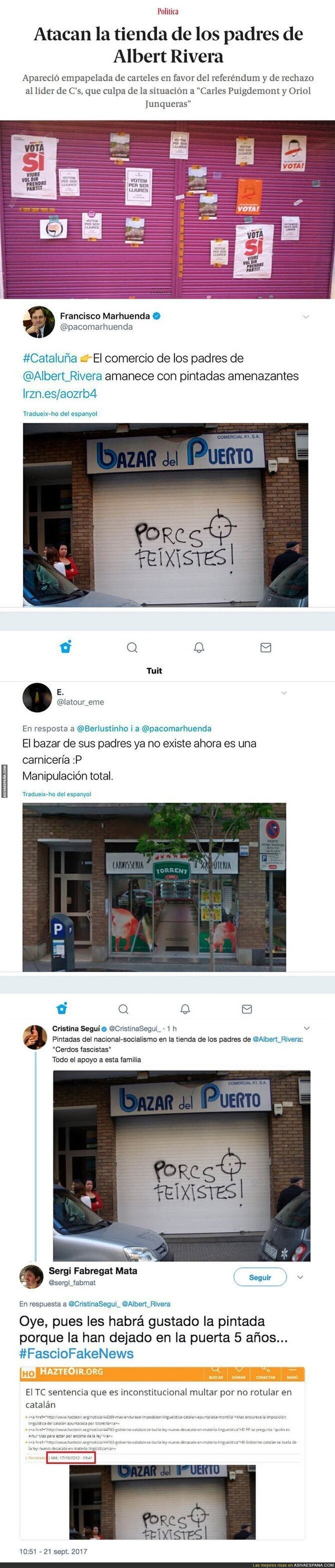 Anuncian vandalismo en la tienda de la madre de Albert Rivera en Catalunya y les pillan manipulando