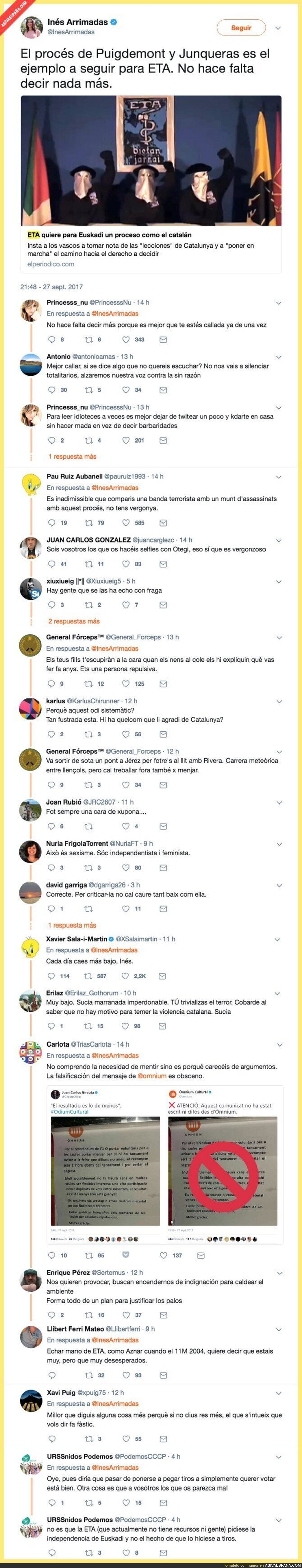 Inés Arrimadas se gana el odio de Twitter por escribir esto sobre el referéndum catalán y ETA