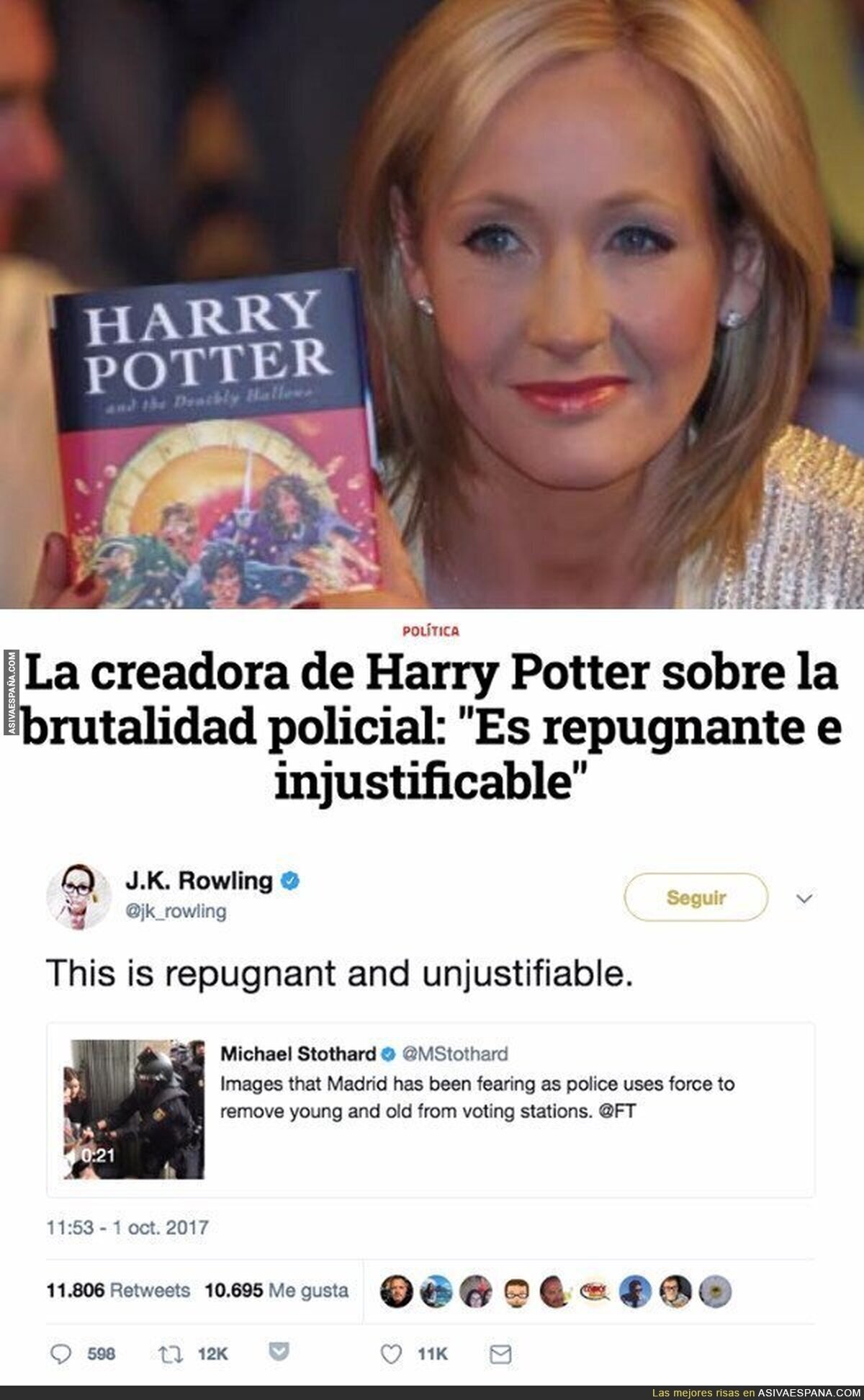 JK Rowling reacciona a la brutalidad policial vista en Catalunya