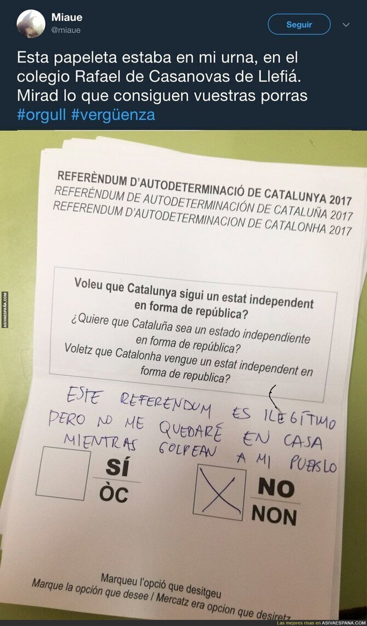 El emocionante mensaje de una persona que fue a votar 'No' al referéndum