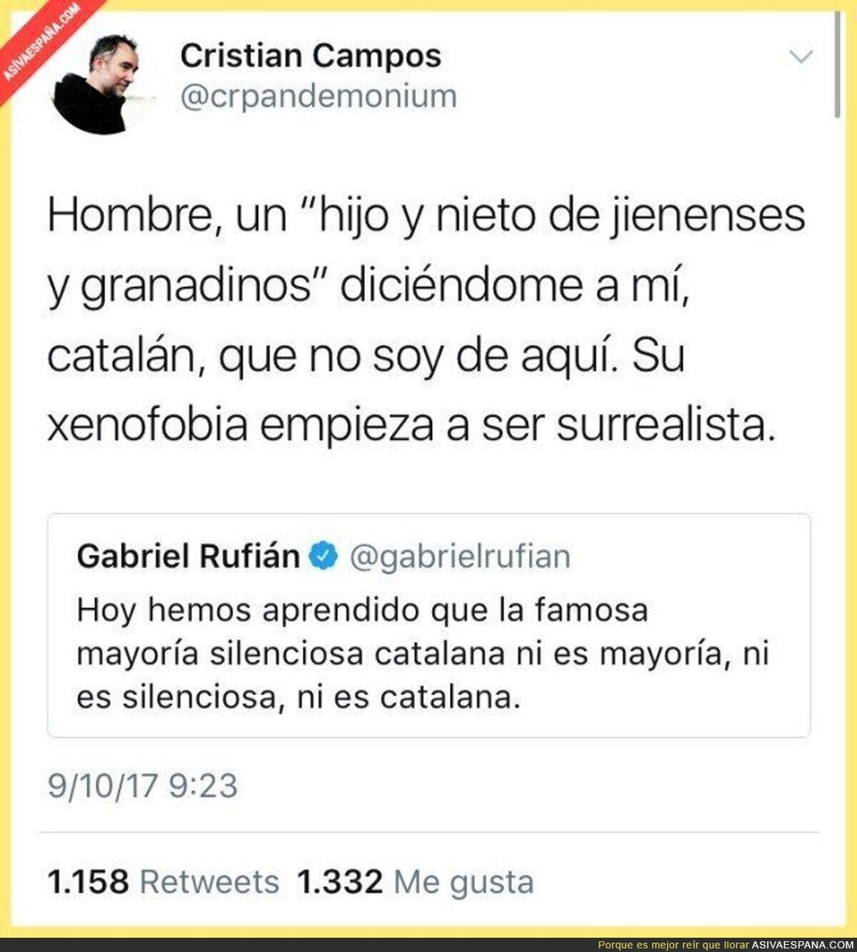 Una gran respuesta a Gabriel Rufián tras este tuit  el día de la manifestación españolista