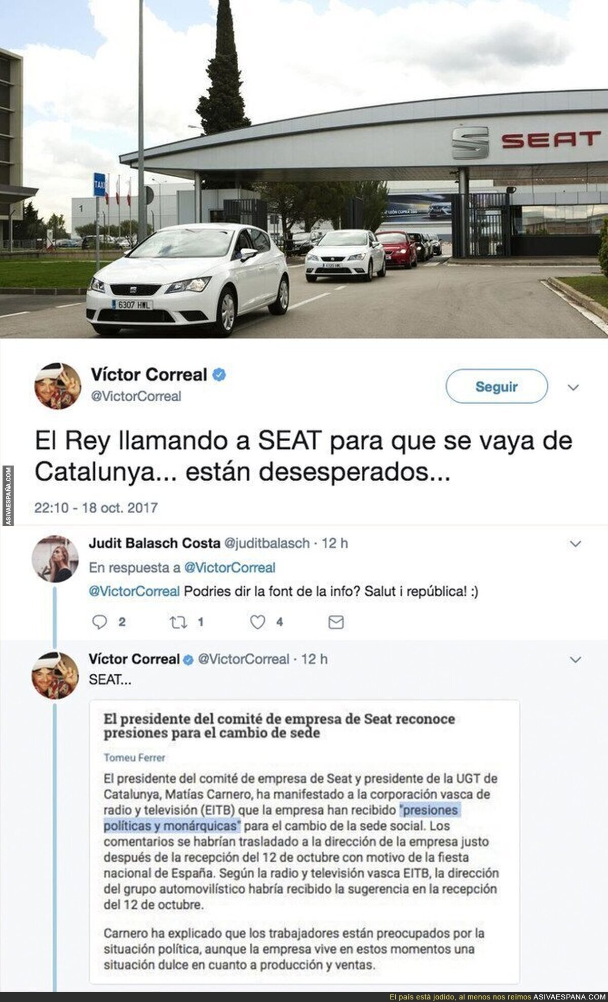 La SEAT denuncia presiones de altas esferas para irse de Catalunya