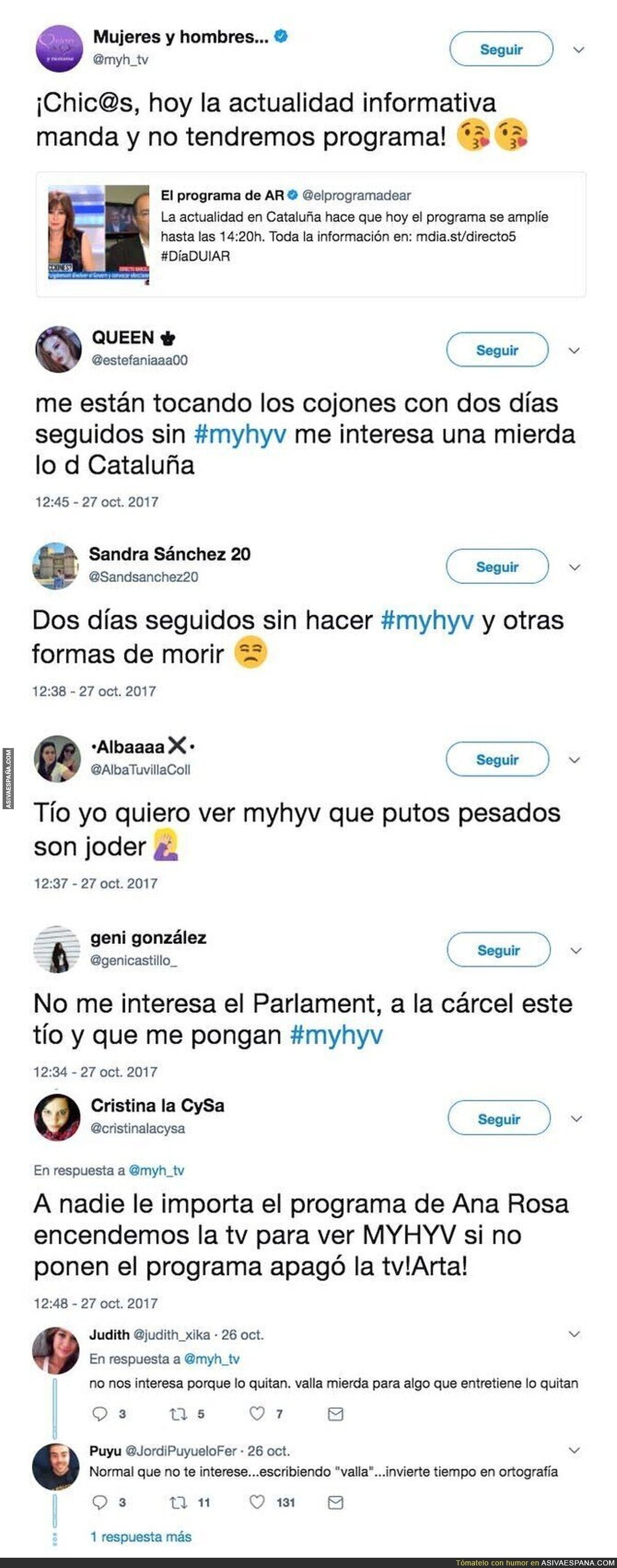 Los comentarios en Twitter de jóvenes indignados porque Telecinco cancela 'MYHYV' para hablar de Cat