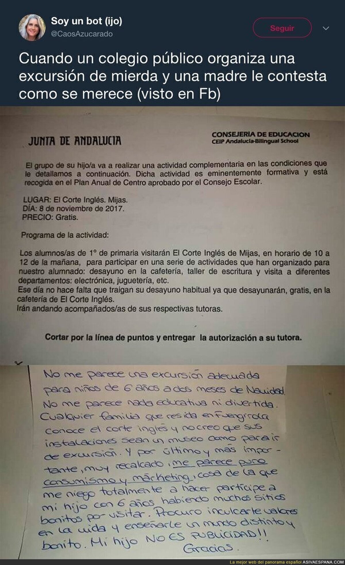 La carta de una madre a un colegio tras organizar una excursión a 'El Corte Inglés'