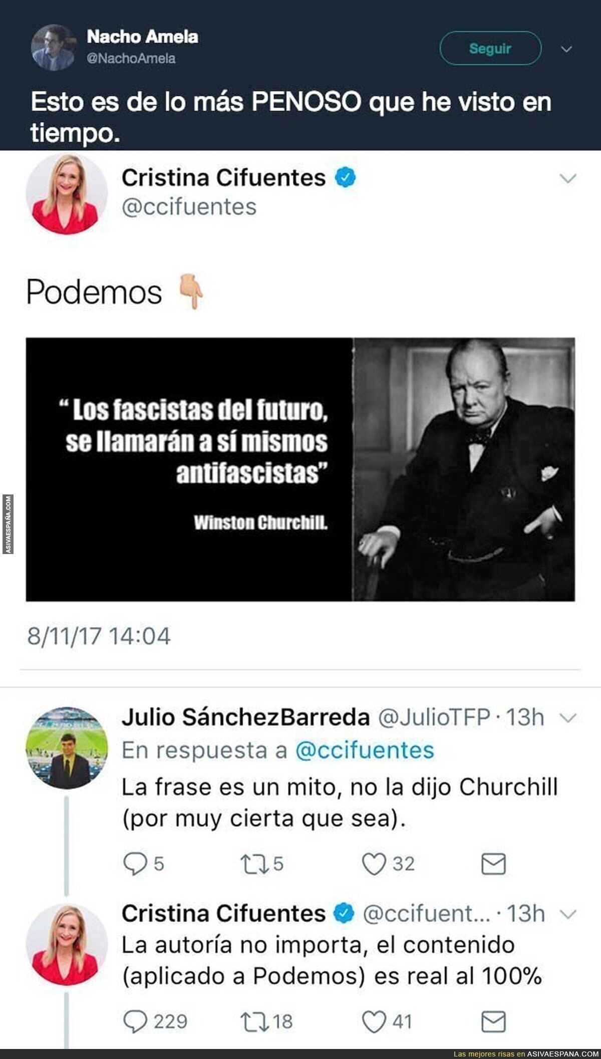 Cristina Cifuentes se inventa una cita de Churchill para definir a Podemos, la pillan y su excusa es LAMENTABLE