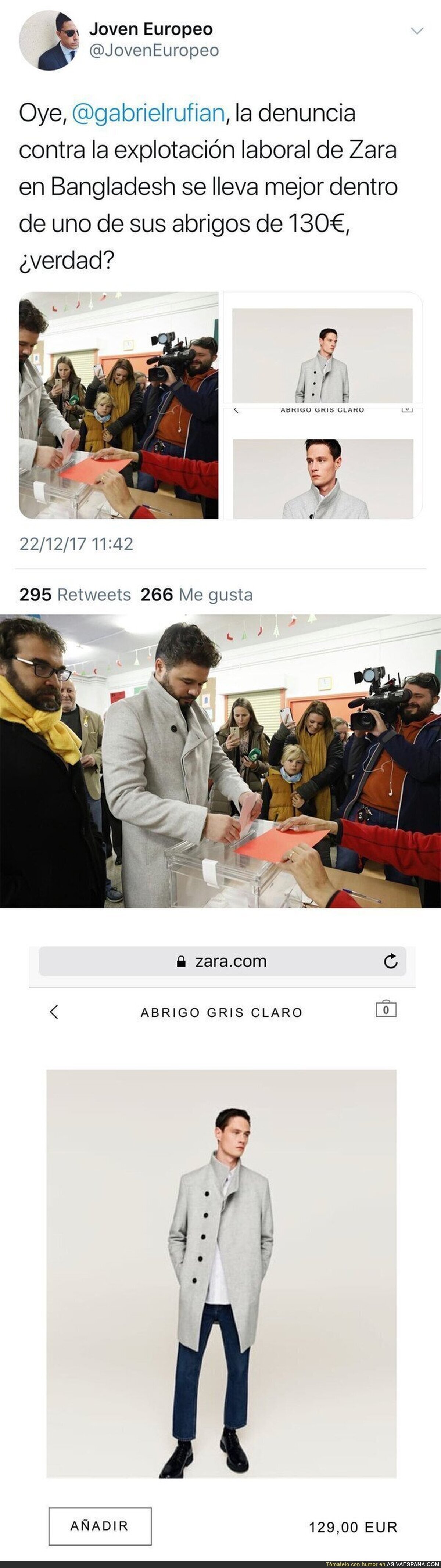 Descubren el precio del abrigo con el que Gabriel Rufián fue a votar a las elecciones