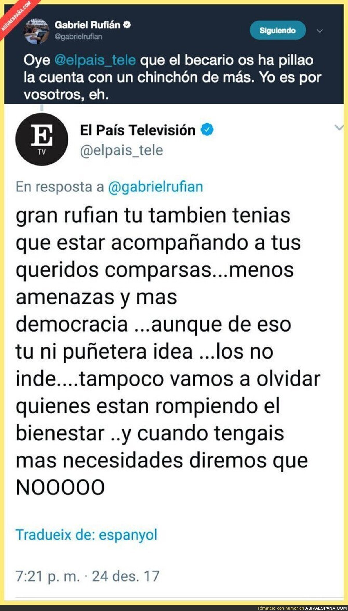 El diario 'El País' tuitea este tuit a Gabriel Rufián y seguidamente lo borran al confundirse de cuenta
