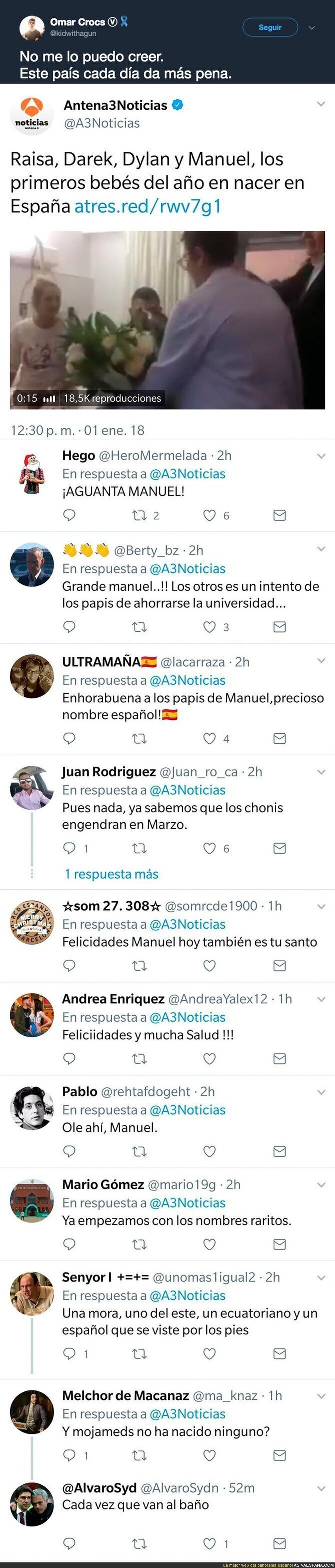 Antena 3 da a conocer el nombre del primer bebé nacido en España en 2018 y sus televidentes sacan su lado más racista con estos comentarios