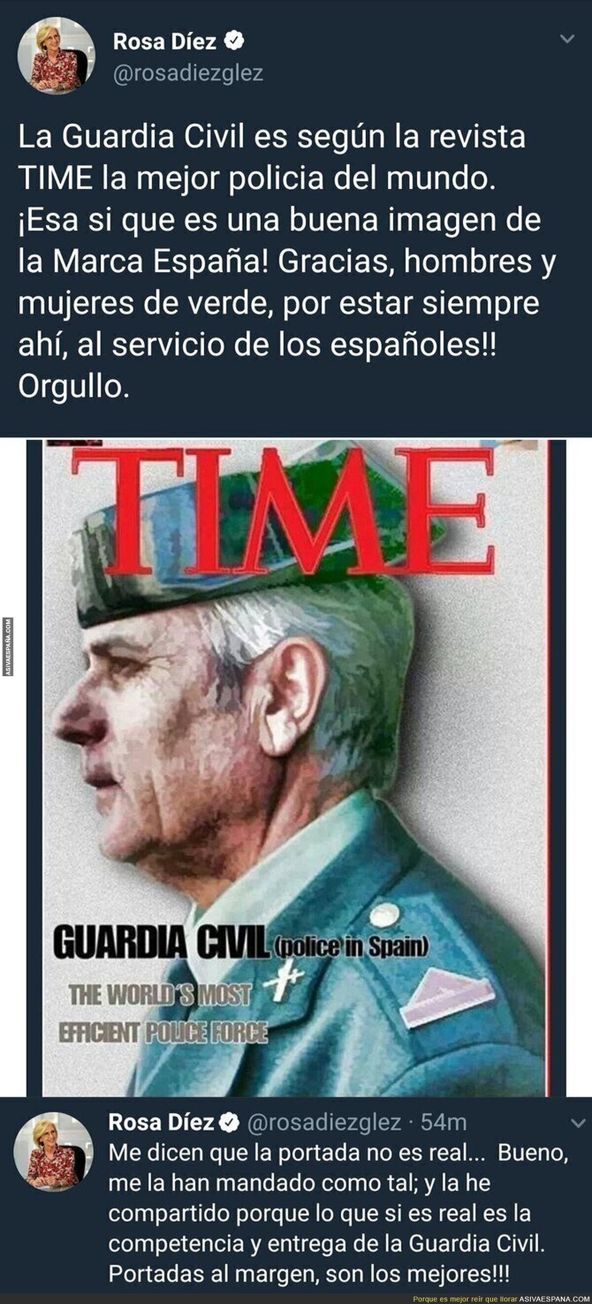 Rosa Díez hace un ridículo espantoso al creerse esta portada de TIME sobre la Guardia Civil