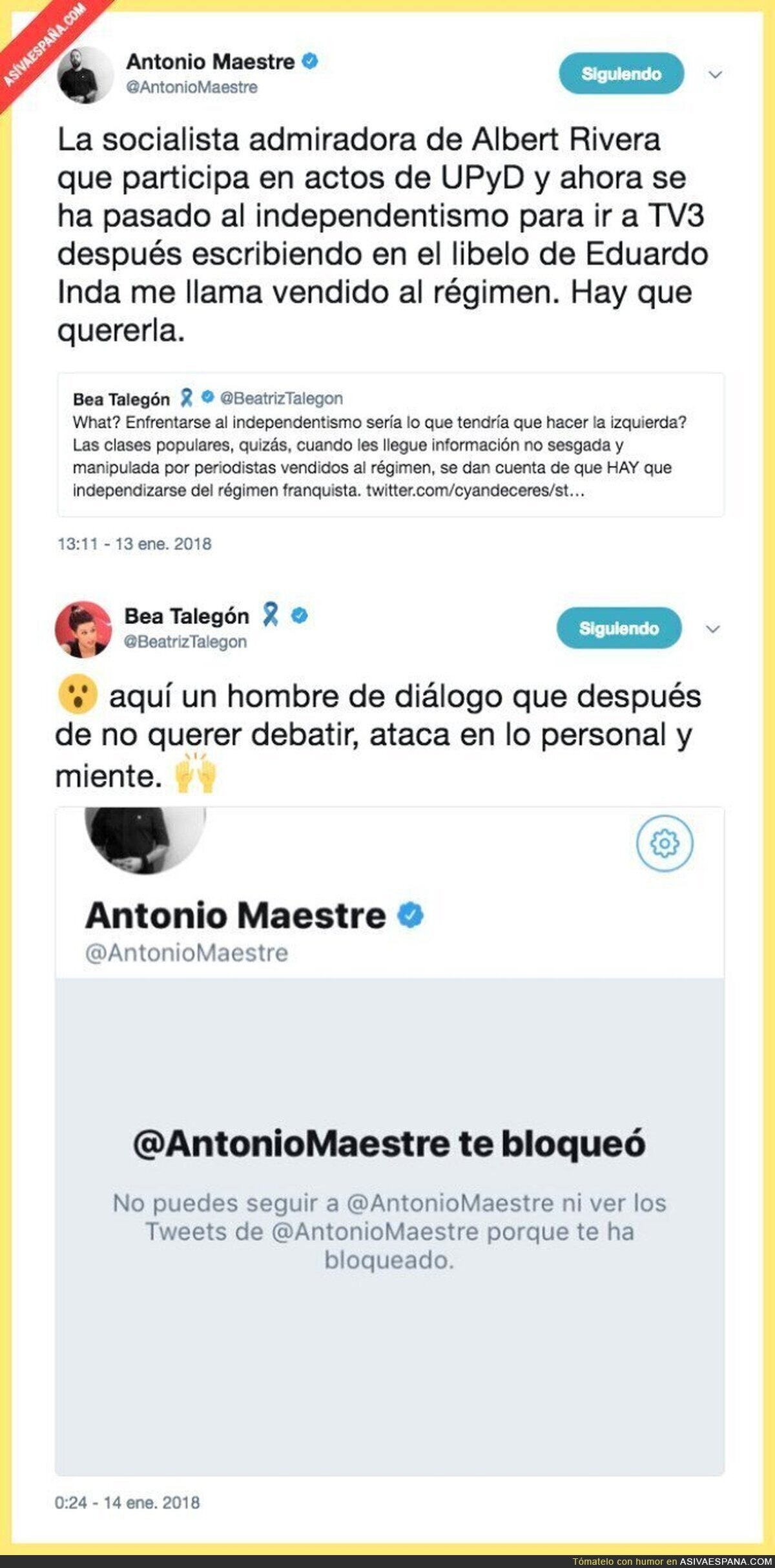 Gran pelea en Twitter entre Antonio Maestre y la neo independentista Beatriz Talegón