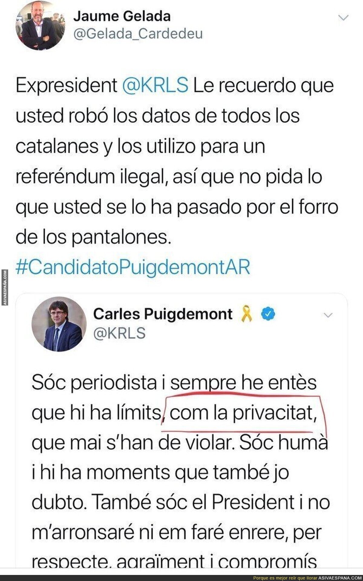Puigdemont se escuda en la privacidad tras filtrarse sus mensajes privados y recibe un ZASCA monumental