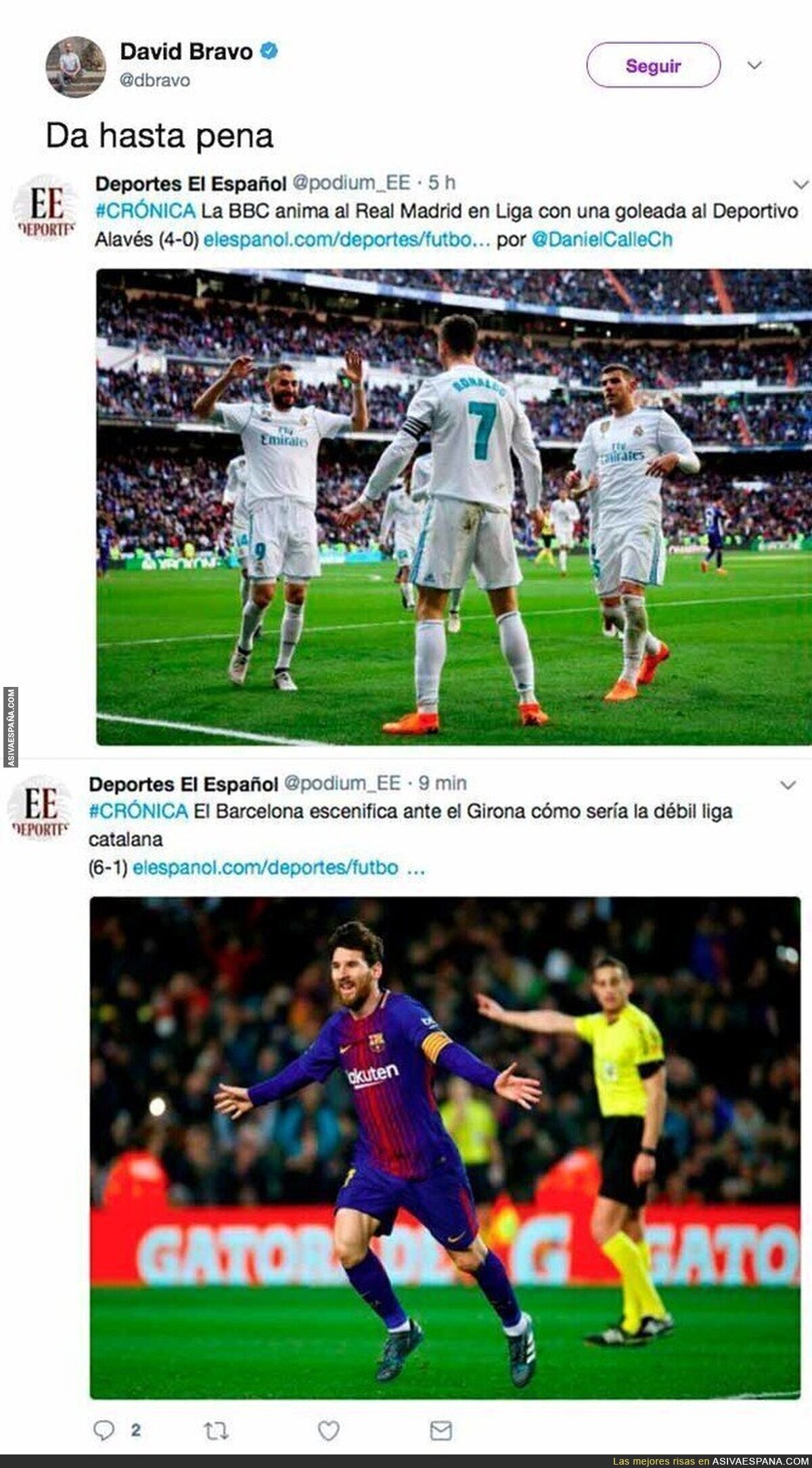 El doble rasero increíble del diario 'El Español' con los titulares de Barça y Madrid en sus victorias con goleadas