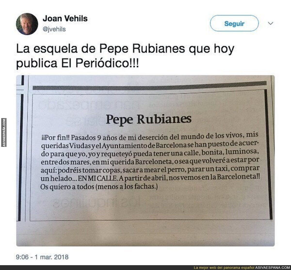 9 años de la muerte de Pepe Rubianes y esto viene escrito hoy en El Periódico