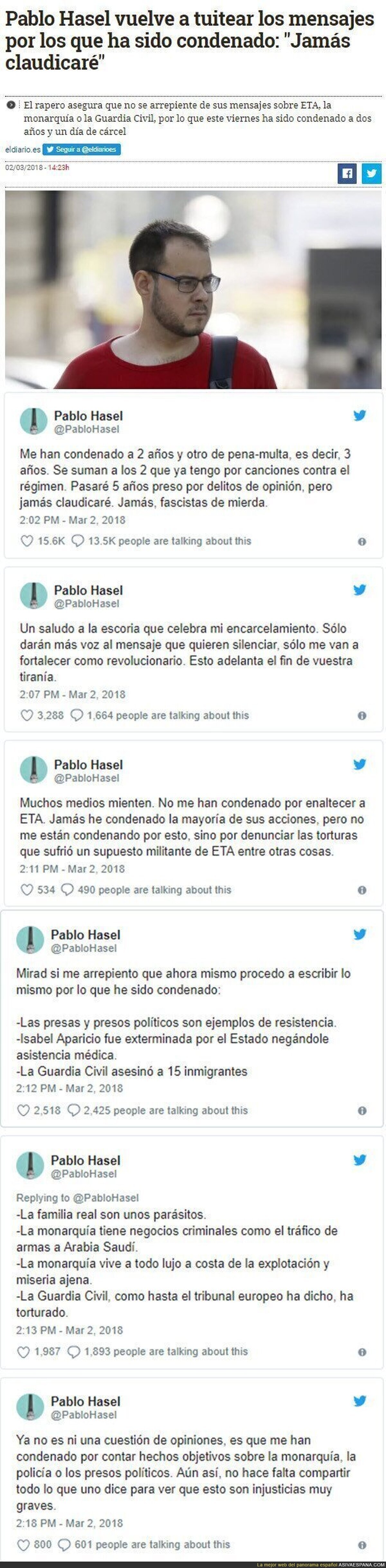 Condenan a Pablo Hasel a dos años de cárel y él vuelve a tuitear los mensajes que le llevan dentro