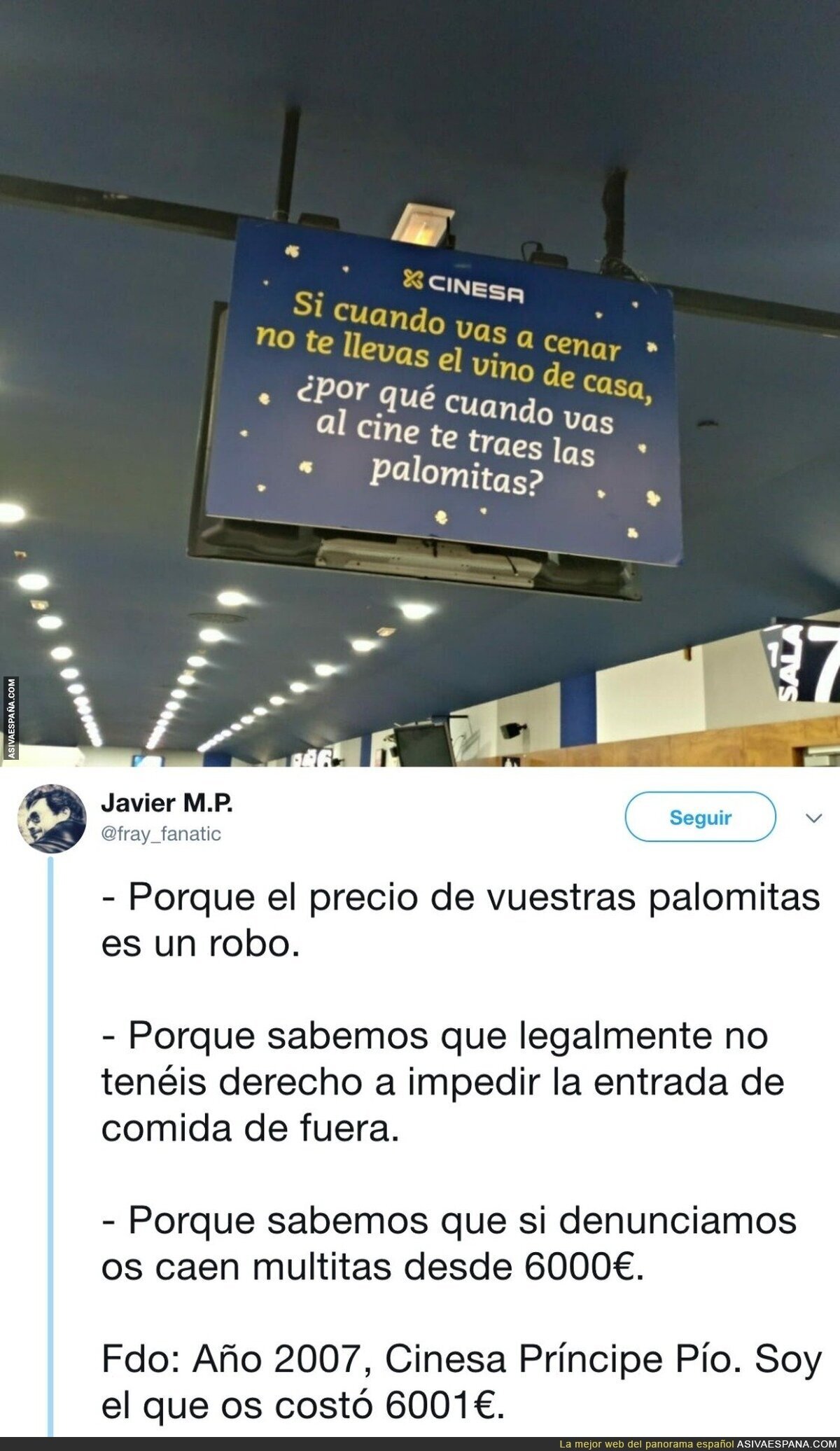 CINESA denuncia así la entrada de comida a sus cines y recibe una respuesta apoteósica