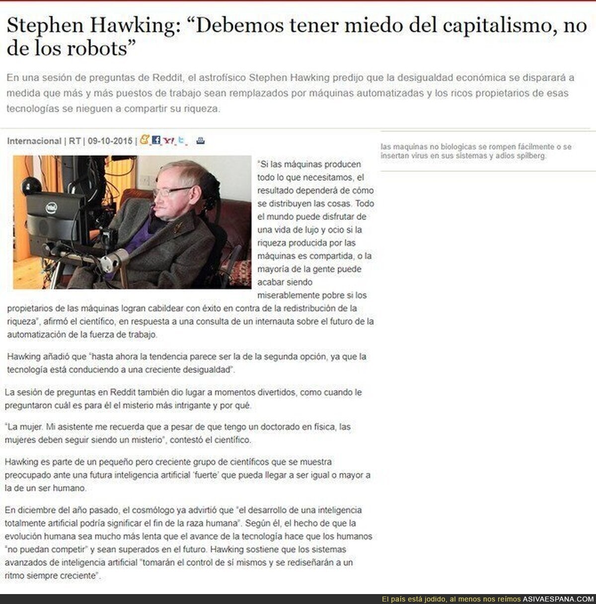 La importante aportación de Stephen Hawking sobre economía y sociedad