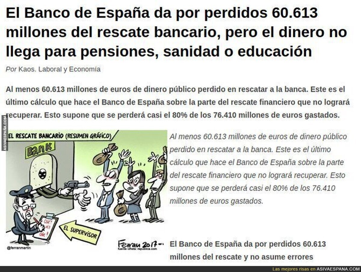 El Banco de España da por perdido del rescate bancario 45 Veces mas de lo que costaría subir las pensiones el IPC