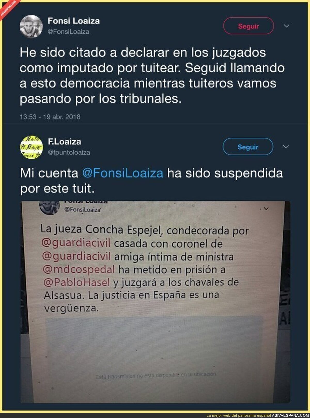 Han citado a declarar a Fonsi Loaiza por tuitear este mensaje sobre la jueza Concha Espejel