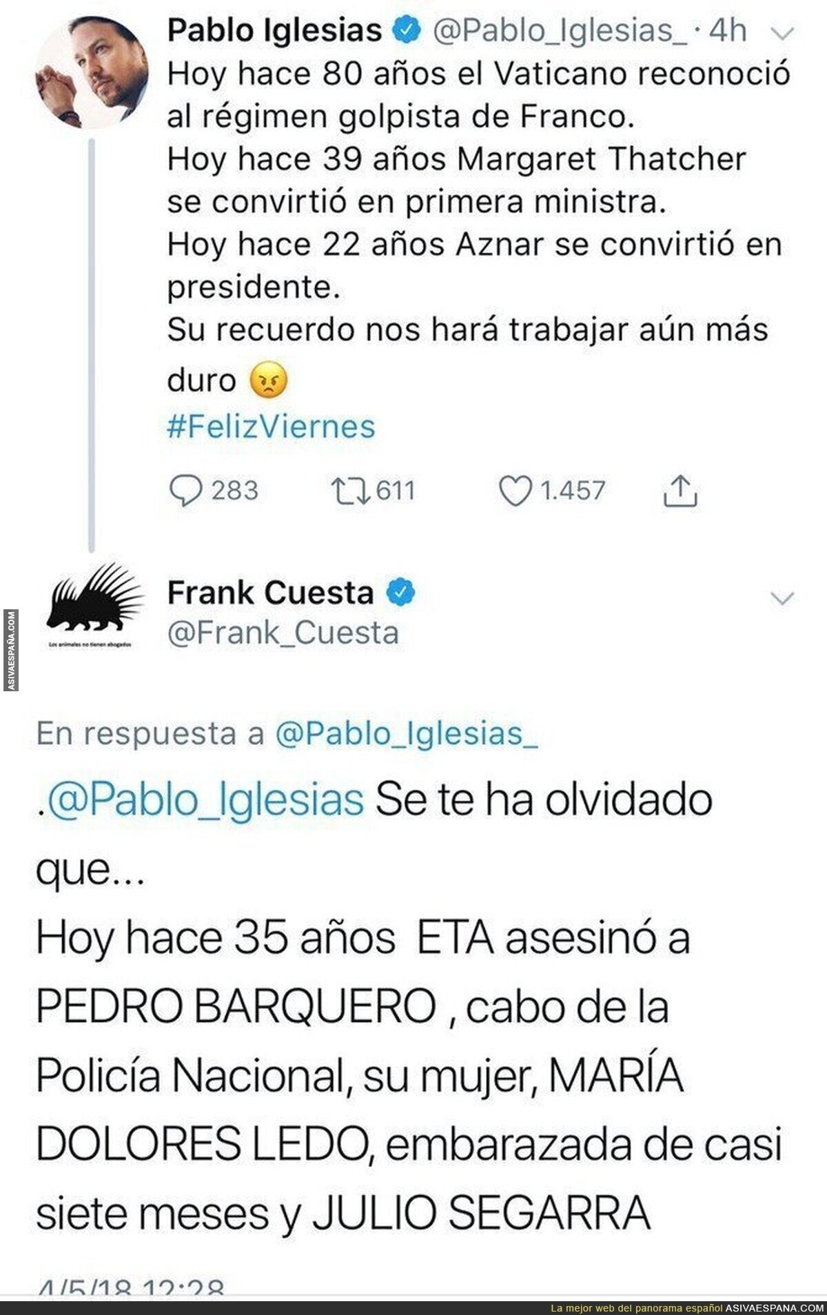 Pablo Iglesias recuerda varios acontecimientos mundiales y Frank Cuesta le recuerda algo que muchos están aplaudiendo