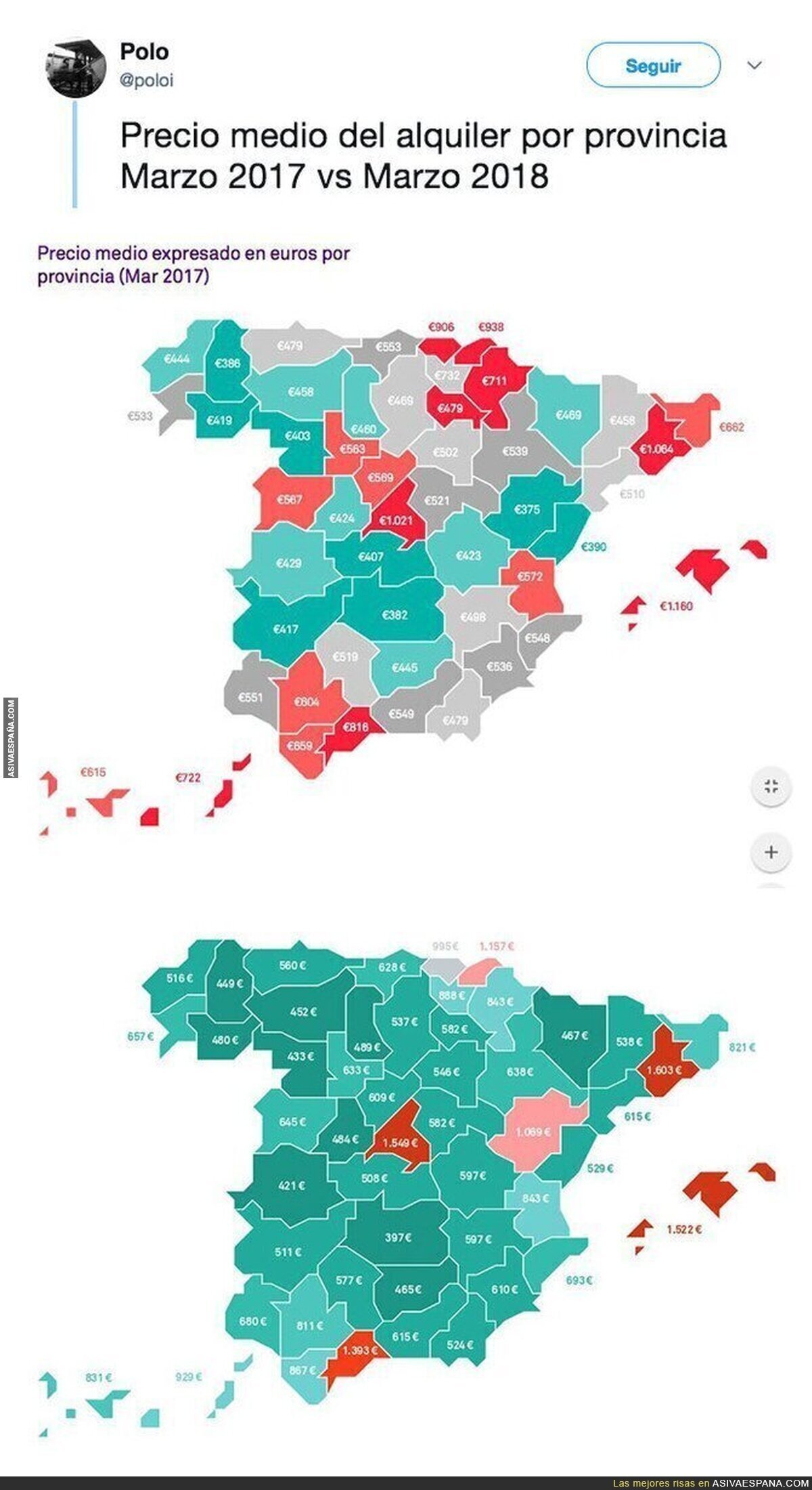 La brutal diferencia de precio en los alquieres en España de 2017 a 2018