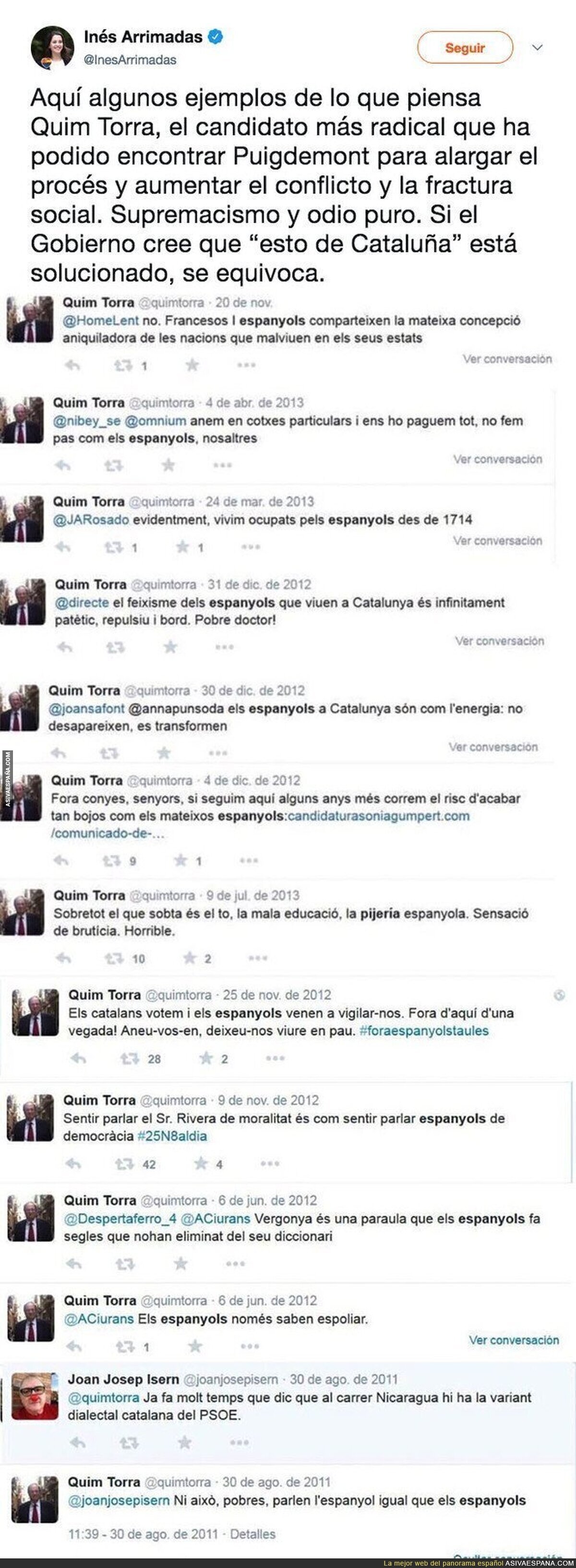 Los polémicos tuits de Quim Torra (candidato a President de Catalunya) llenos de odio que ya ha borrado