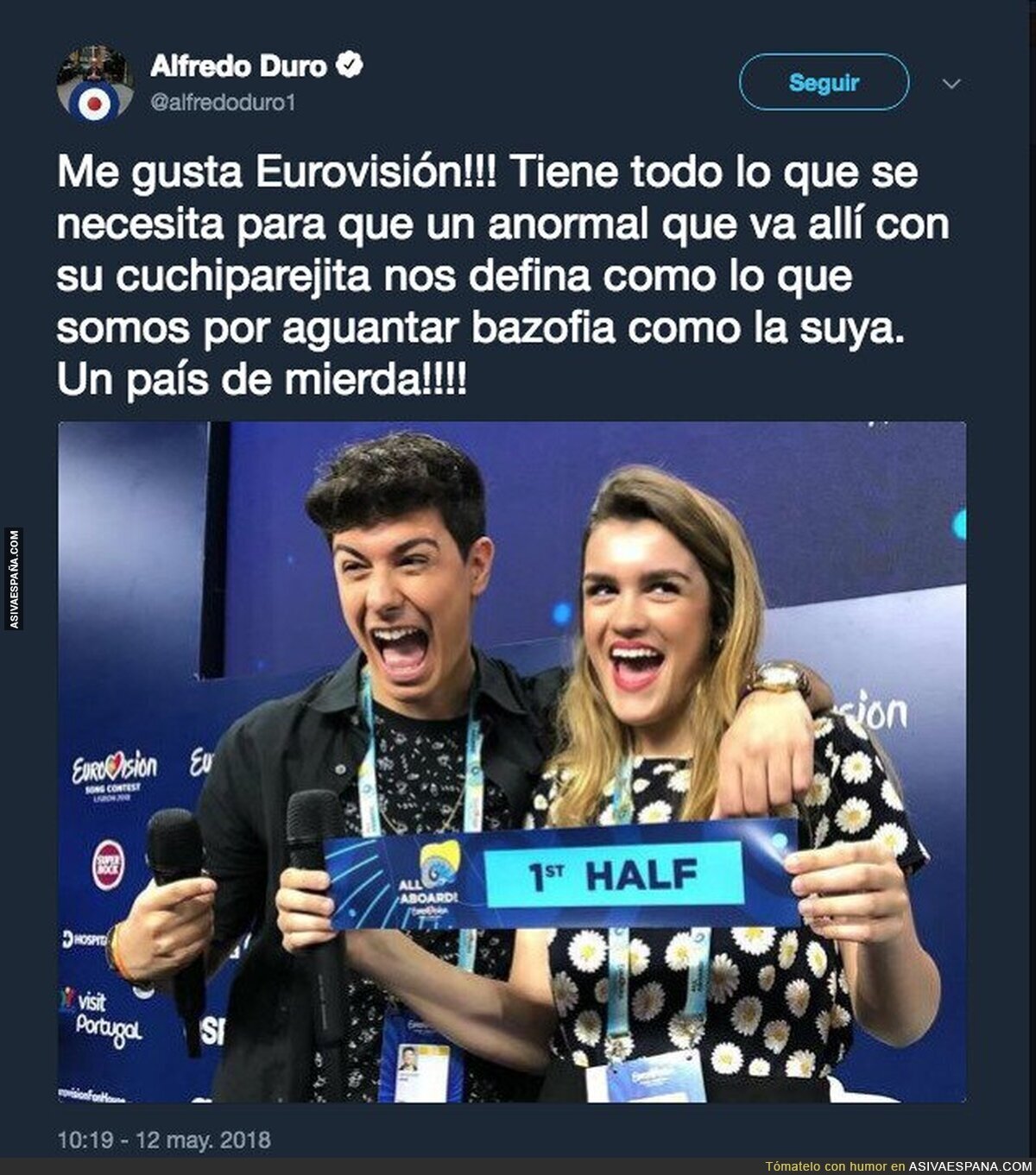 El polémico tuit de Alfredo Duro cargando contra Alfred horas antes de Eurovisión