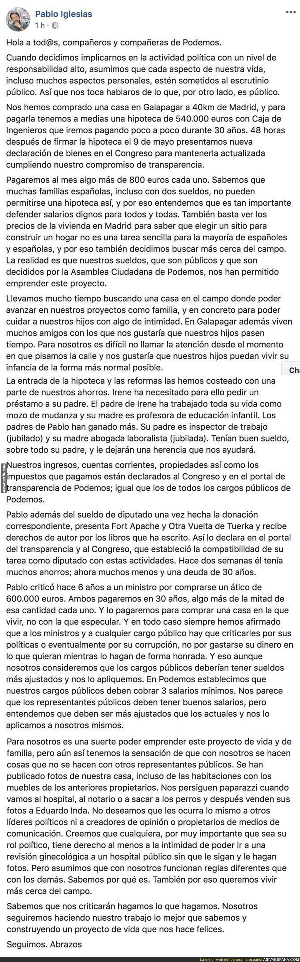 La carta de Pablo Iglesias aclarando la compra de su chalet