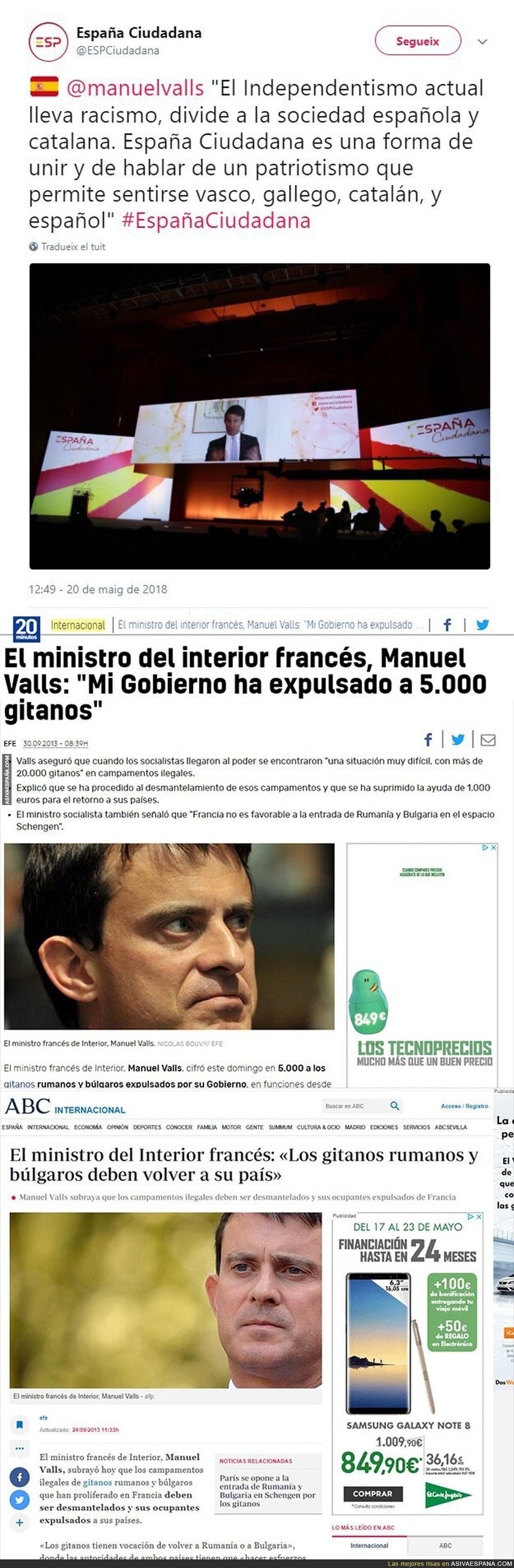 Manuel Valls (Ciudadanos) dice que el nacionalismo catalán lleva racismo y esto hacía él en Francia