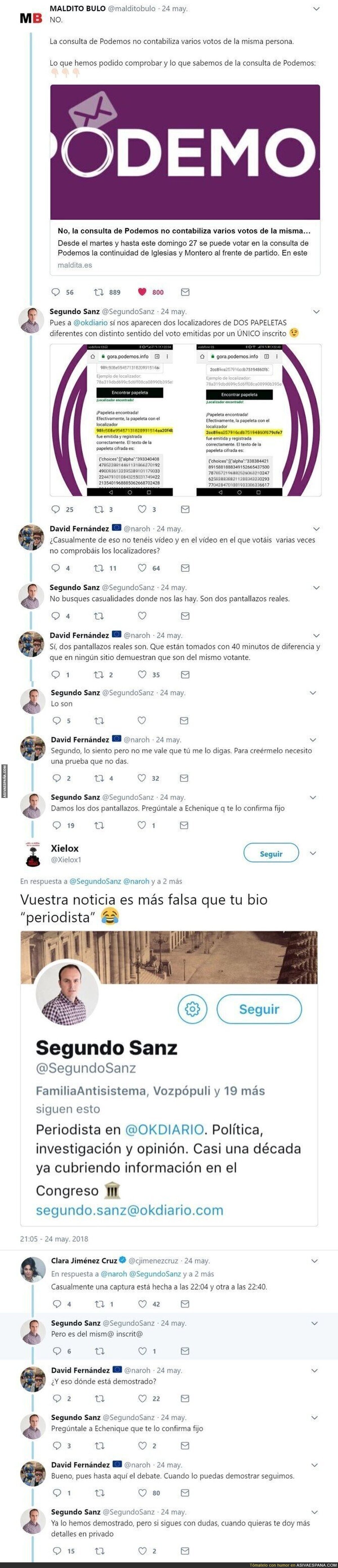 Pillan a "periodista" de Okdiario, compartiendo capturas falsas para intentar desmentir a Maldito Bulo sobre Podemos