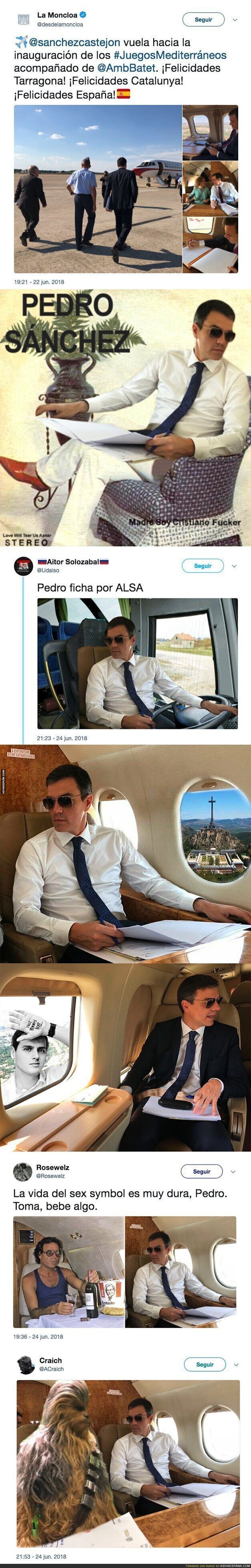 Pedro Sánchez se pone unas gafas de sol durante un vuelo e internet se llena de memes con él
