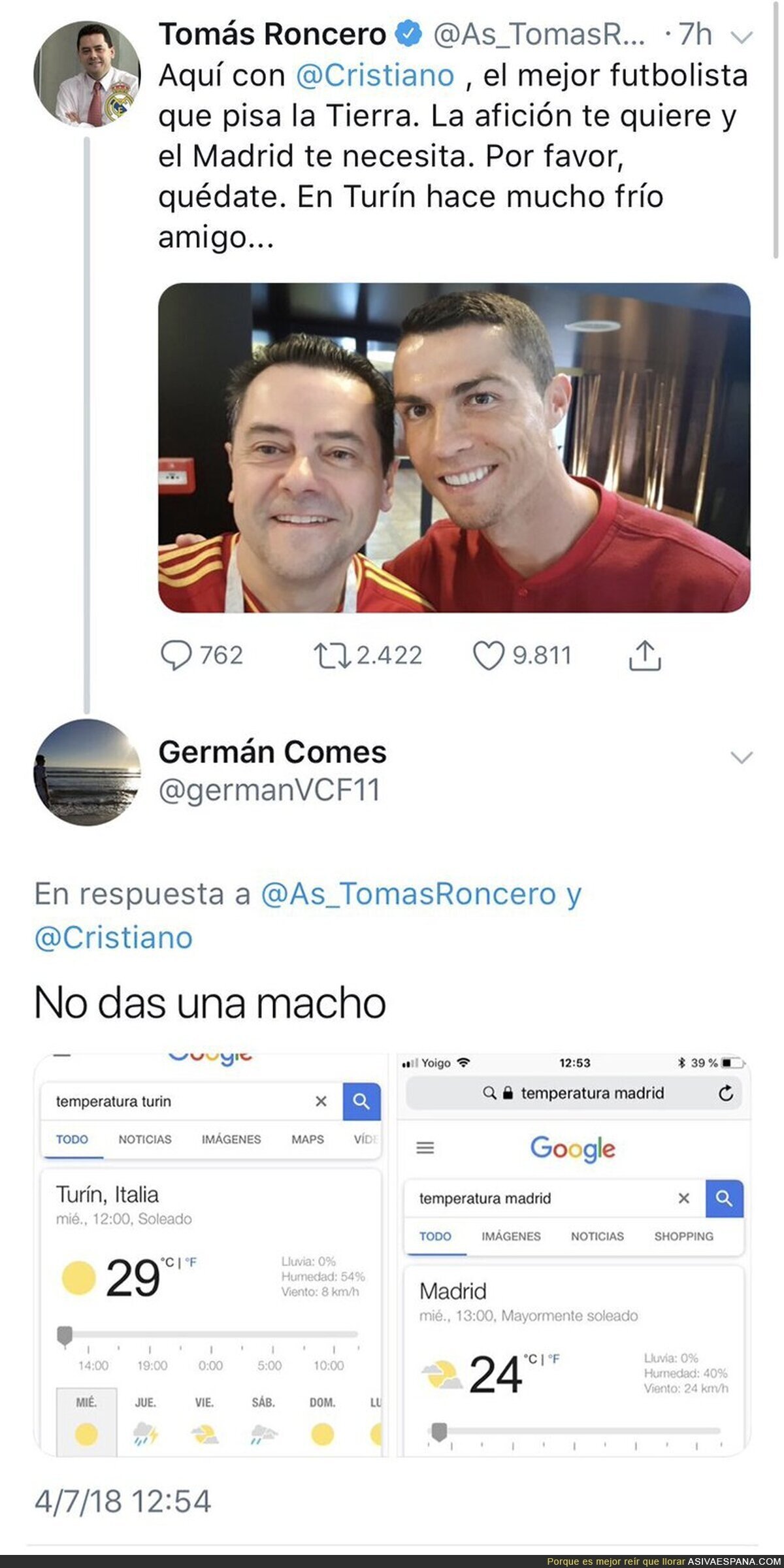 Tomás Roncero lo ha vuelto a hacer: intenta convencer a Cristiano para que se quede en el Madrid por la temperatura y lo que pasó a continuación no te sorprenderá