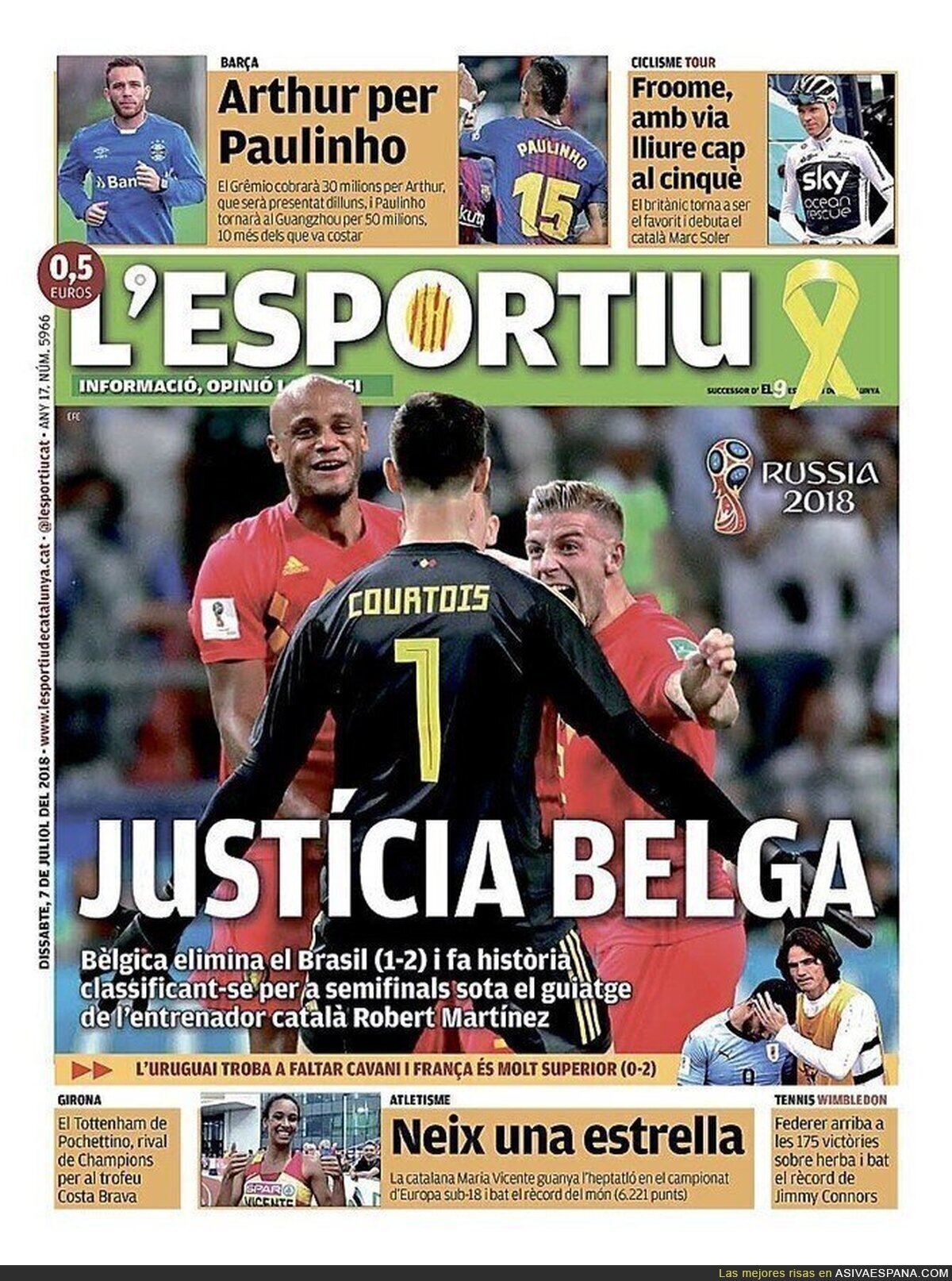La gran portada de L'Esportiu tras la victoria de Bélgica en el Mundial