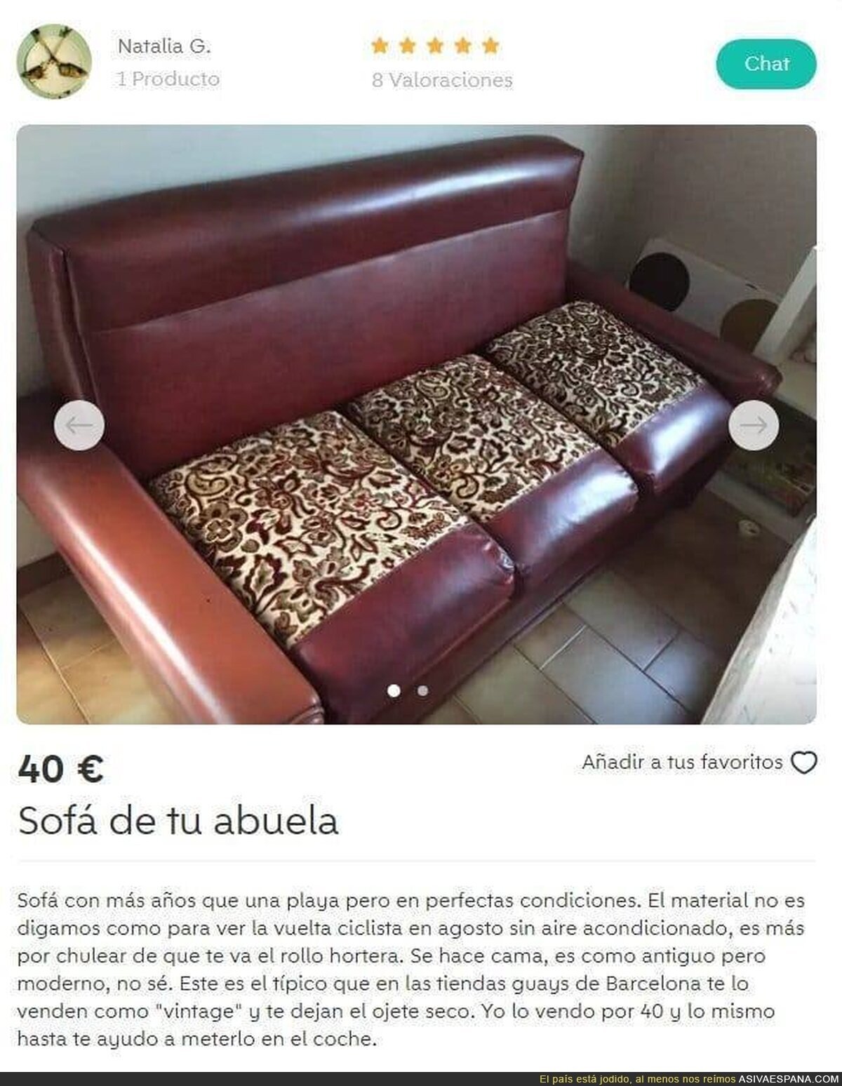 El divertido anuncio de este sofá antiguo que lo está petando en Wallapop