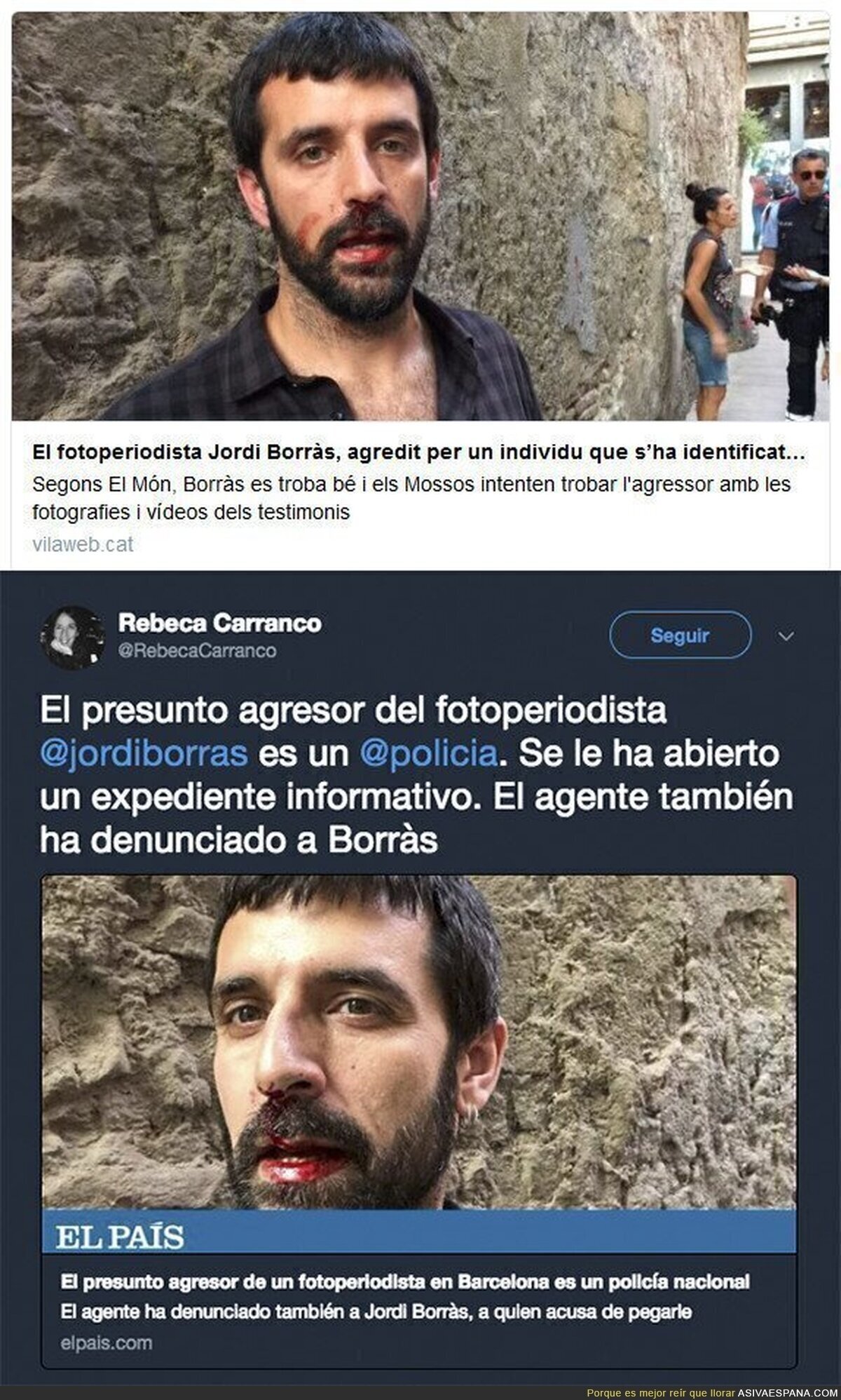 Jordi Borràs agredido por un hombre que se ha identificado como Policía Nacional mientras gritaba "Viva España" y "Viva Franco".