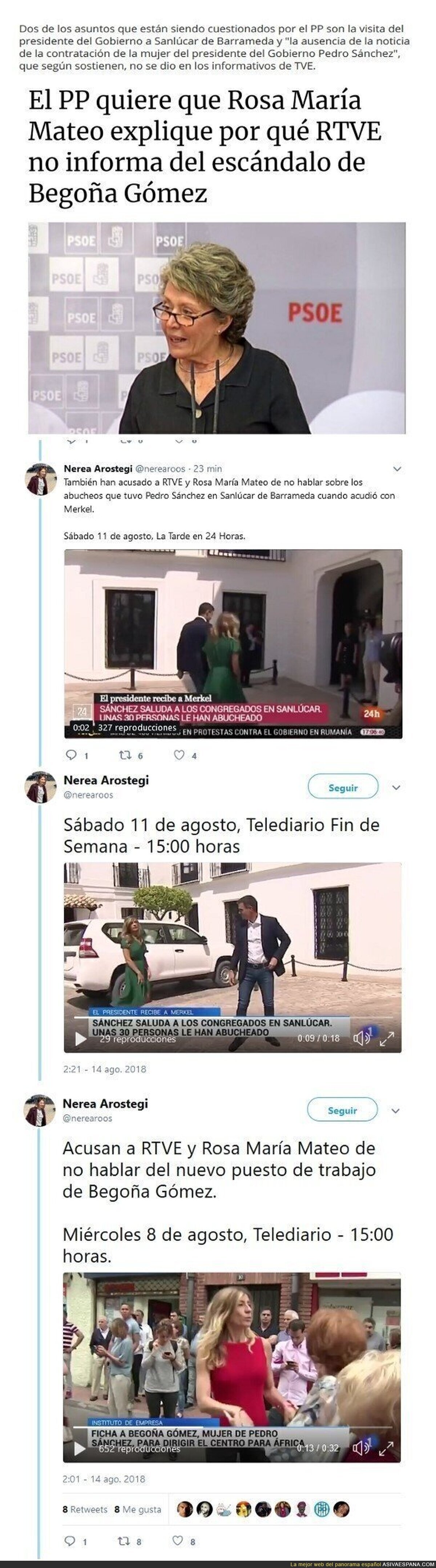 El PP acusa a RTVE de no informar sobre los abucheos a Sáncez ni la contratacíon de Begoña Gómez.