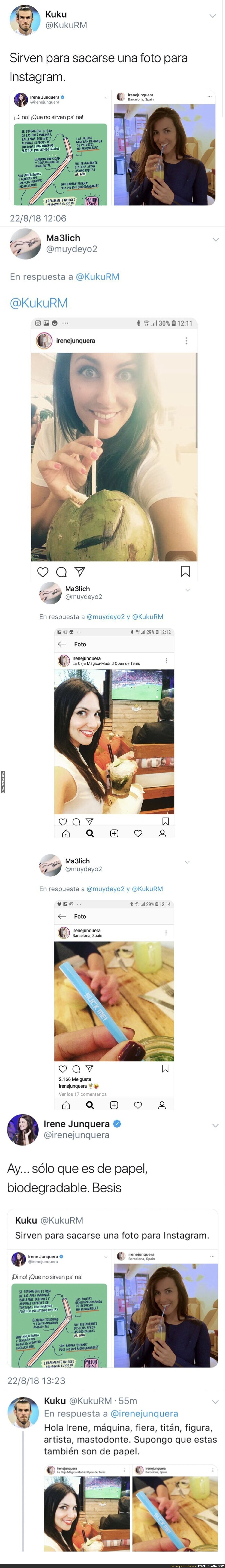 Un tuitero deja en ridículo a Irene Junquera al posar con pajitas en Instagram, ella contesta y queda aún peor