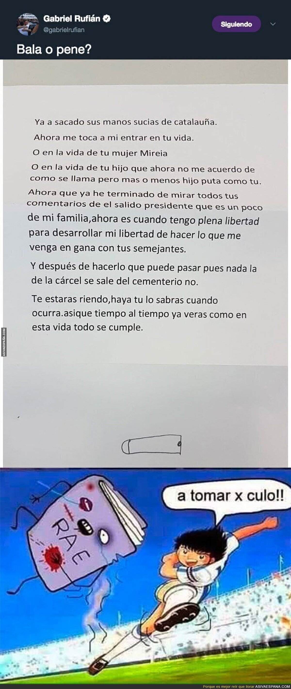 La carta que amenaza de muerte a Gabriel Rufián que ha recibido y compartido en redes sociales