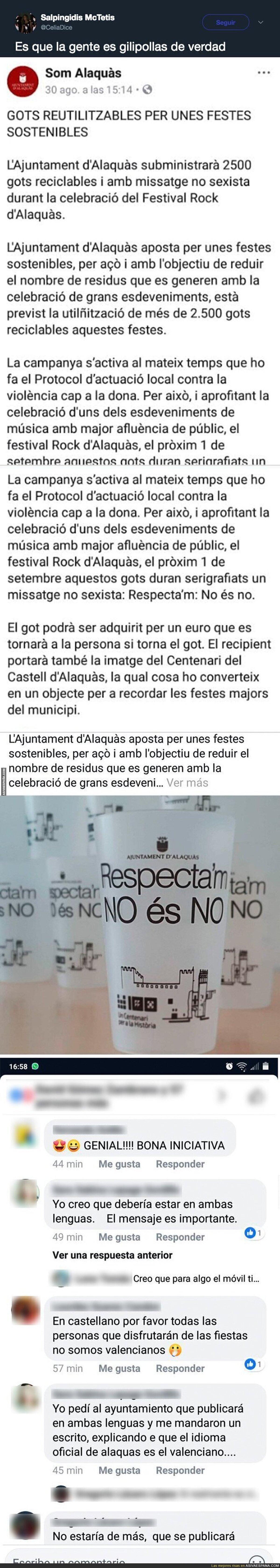 La catalonofobia que hay en Alaquàs (Valencia) porque en las fiestas en  un vaso pone "Respecta'm NO és NO"