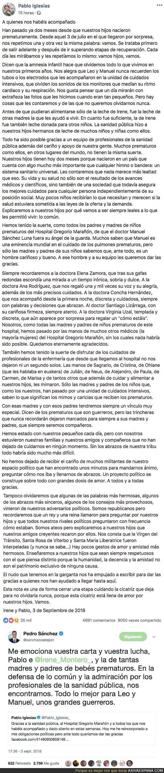 Pedro Sánchez elogia y homenajea así a Pablo Iglesias tras su agradecimiento en redes a la Sanidad Pública