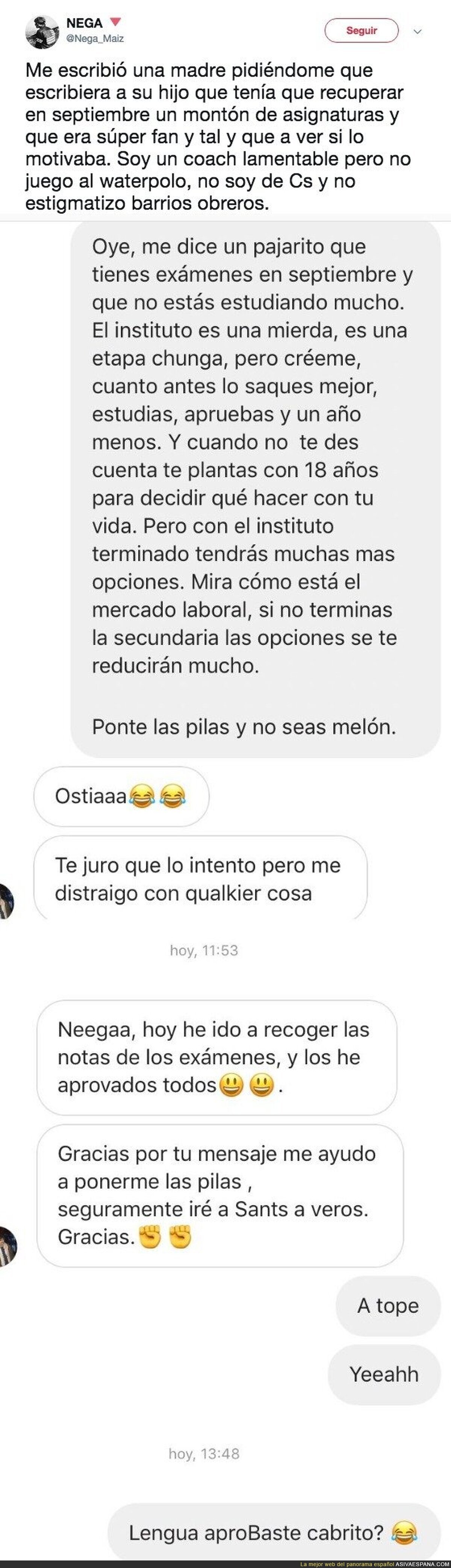 El Nega de los Chicos del Maíz anima a uno de sus fans a aprobar sus exámenes en septiembre