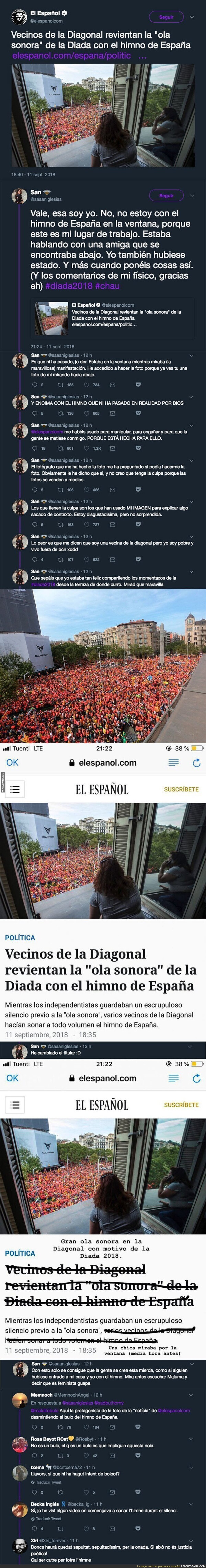 Pillan a 'El Español' manipulando descaradamente sobre una chica implicándola en poner el himno de España durante el minuto de silencio de La Diada