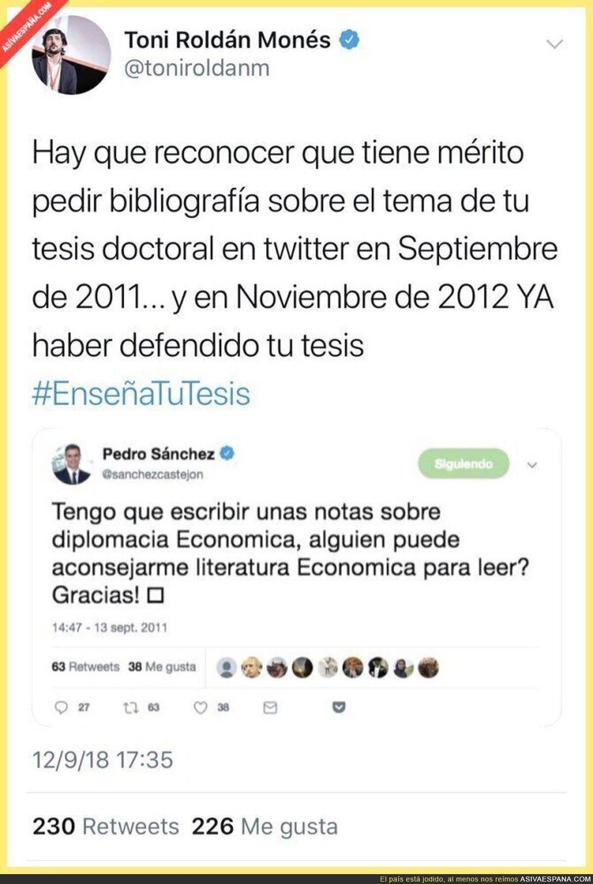 Pedro Sánchez pidiendo ayuda para su tesis en 2011... ¡En Twitter!