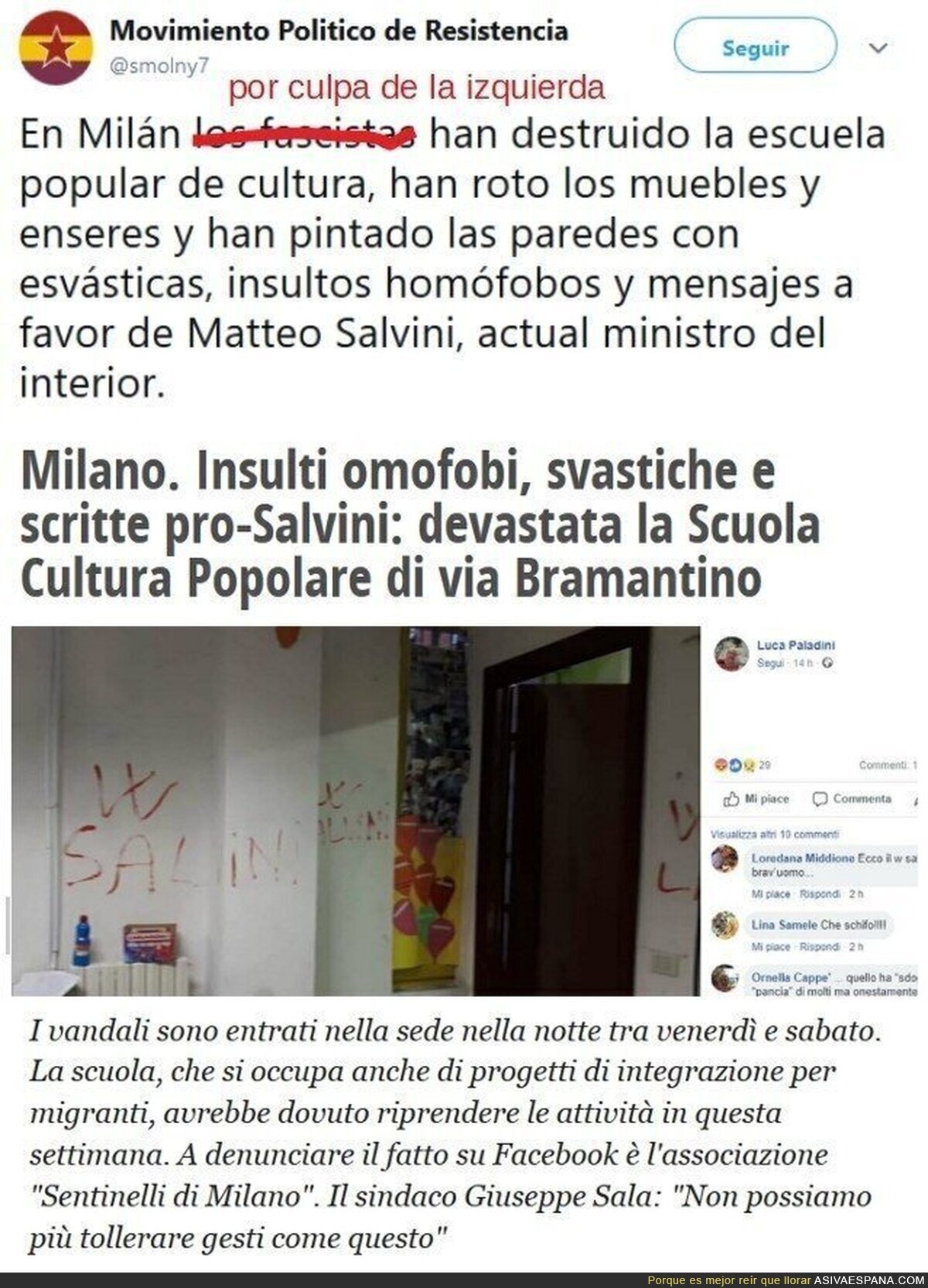 Destrozan la escuela popular de cultura de Milán: insultos homófobos, esvásticas y pintadas pro Salvini