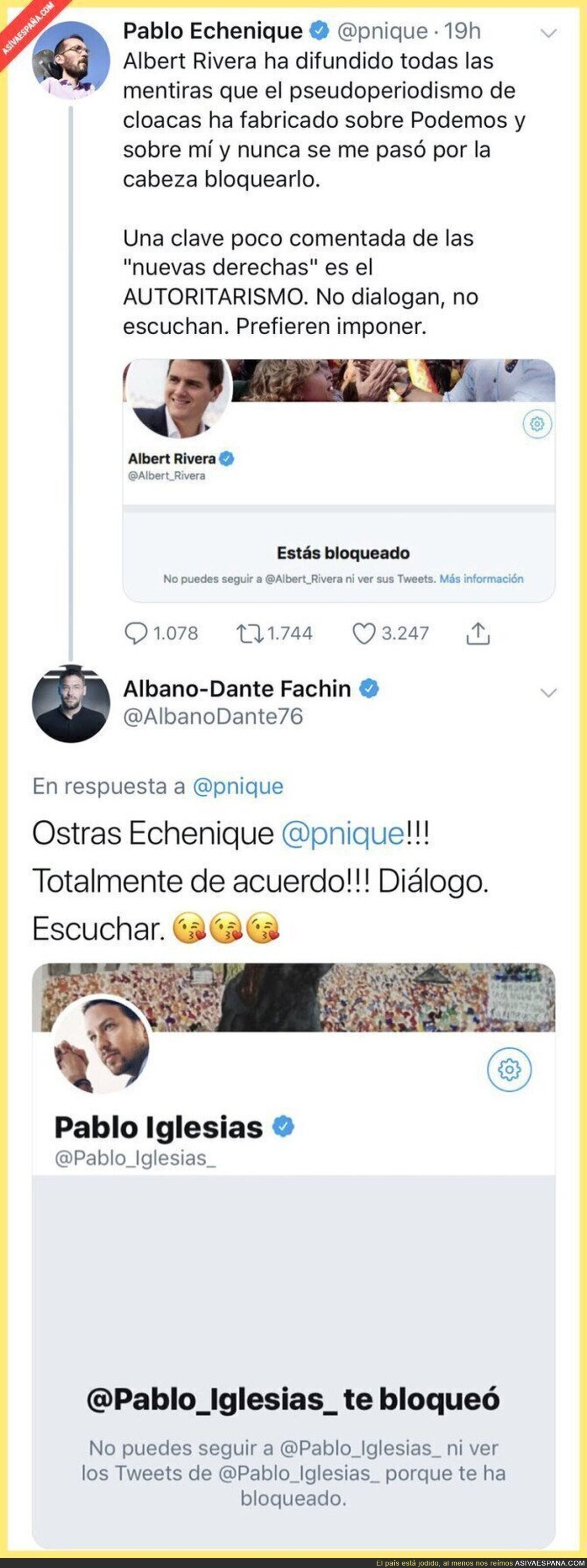Pablo Echenique llora en Twitter porque Albert Rivera le ha bloqueado y le recuerdan que Pablo Iglesias también hace esas prácticas