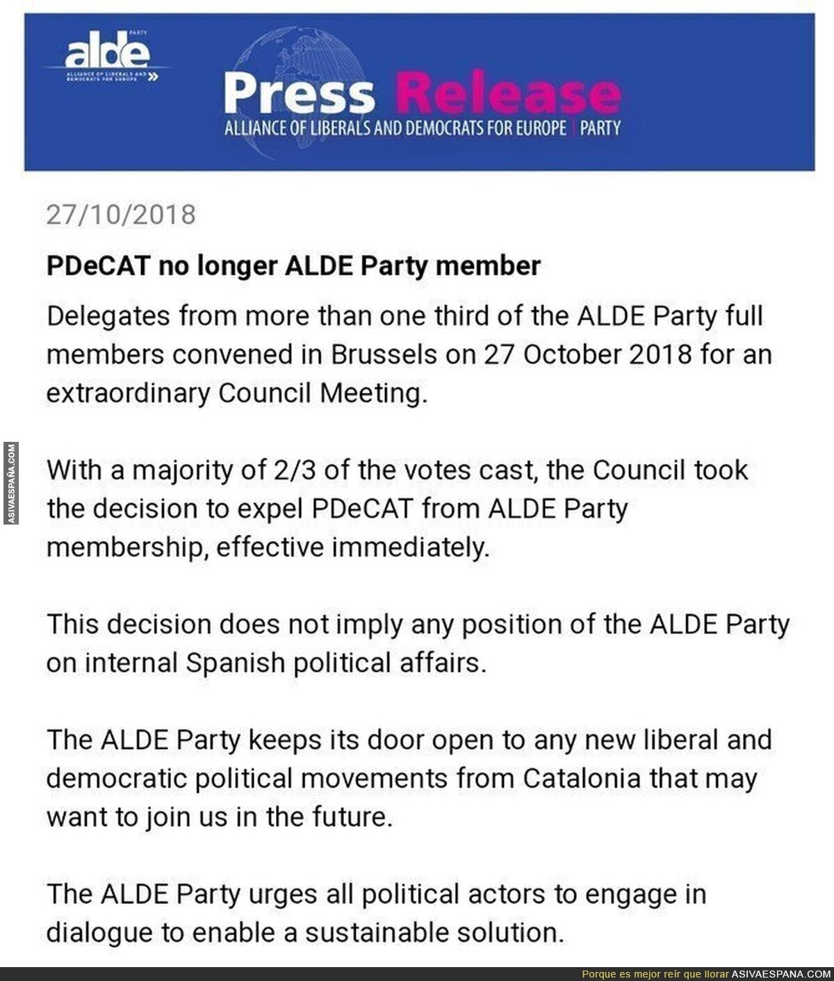 ALDE expulsa al PDeCat