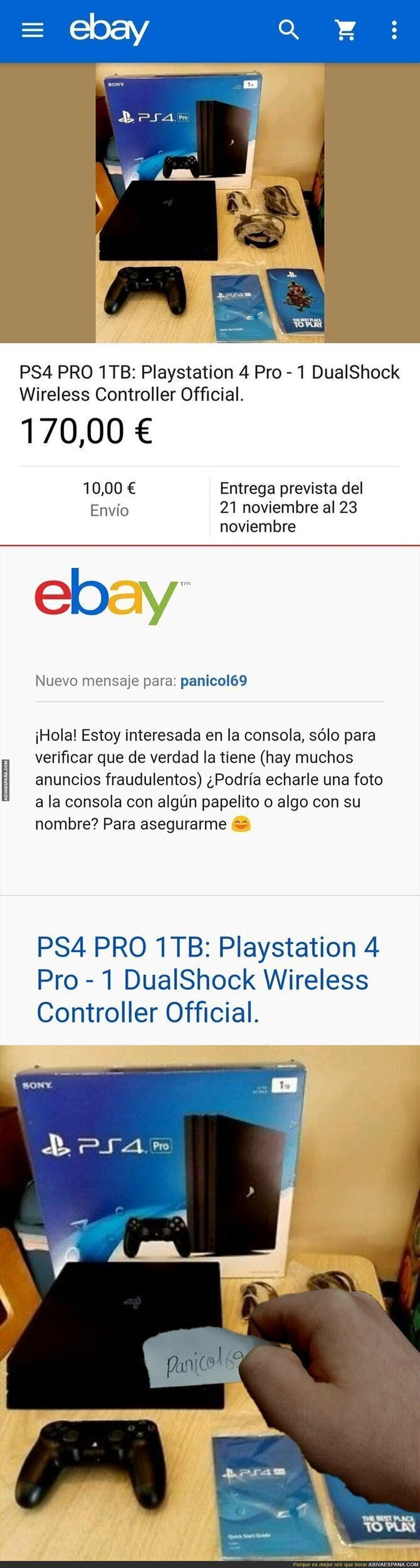 Se encuentra una PS4 PRO de 1TB por eBay, pregunta si es una estafa y recibe una respuesta delirante