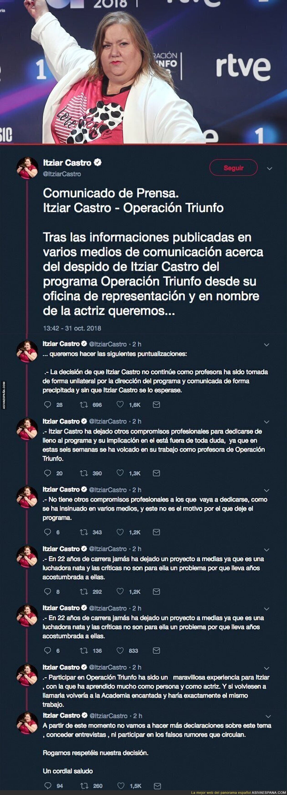 Itziar Castro confirma con este comunicado que la han echado de Operación Triunfo