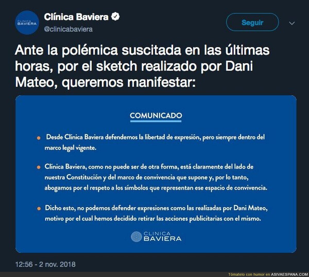 Dani Mateo pierde ser la imagen de Clínica Baviera tras sonarse los mocos con la bandera de España