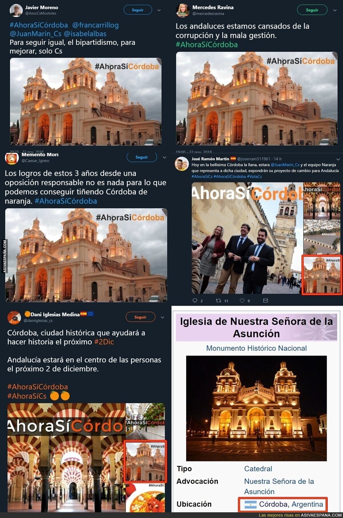 Ridículo de Ciudadanos intentando ganarse a los cordobeses con imágenes de la Catedral de Córdoba (Argentina)
